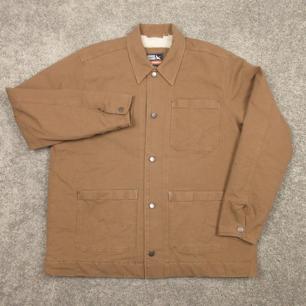 Eddie Bauer Jacket Mens Large Brown Sherpa Lined Workwear Canvas Chore Coat